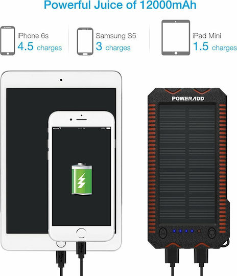 Poweradd Apollo 2 Solar Power Bank 12000mAh 18W cu 2 Porturi USB-A Negru