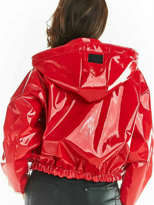 Awama Women's Short Lifestyle Jacket for Winter with Hood Red