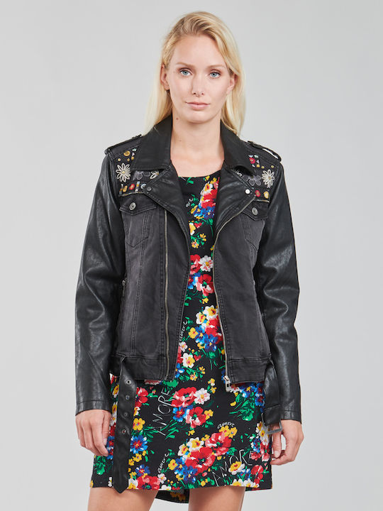 Merx Women's Short Biker Leather Jacket for Winter Black