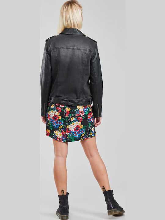 Merx Women's Short Biker Leather Jacket for Winter Black