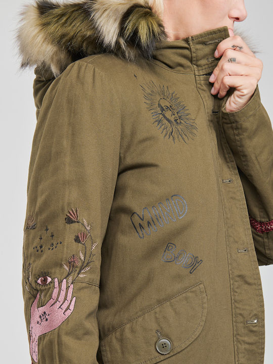 Lisboa Women's Long Parka Jacket for Winter with Hood Khaki