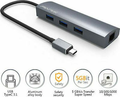 Wavlink UH3031GC USB 3.0 Hub 3 Porturi cu conexiune USB-C / Ethernet Gri