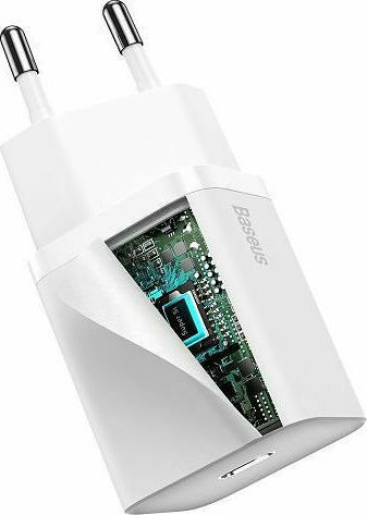 Baseus Φορτιστής με Θύρα USB-C και Καλώδιο USB-C - Lightning 20W Power Delivery Λευκός (Super Si)