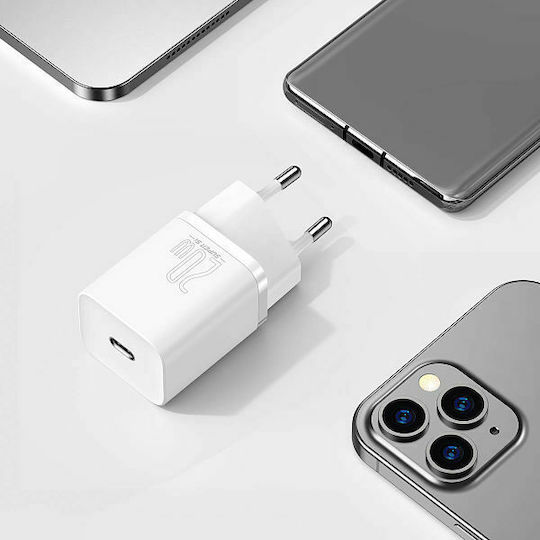 Baseus Φορτιστής με Θύρα USB-C και Καλώδιο USB-C - Lightning 20W Power Delivery Λευκός (Super Si)
