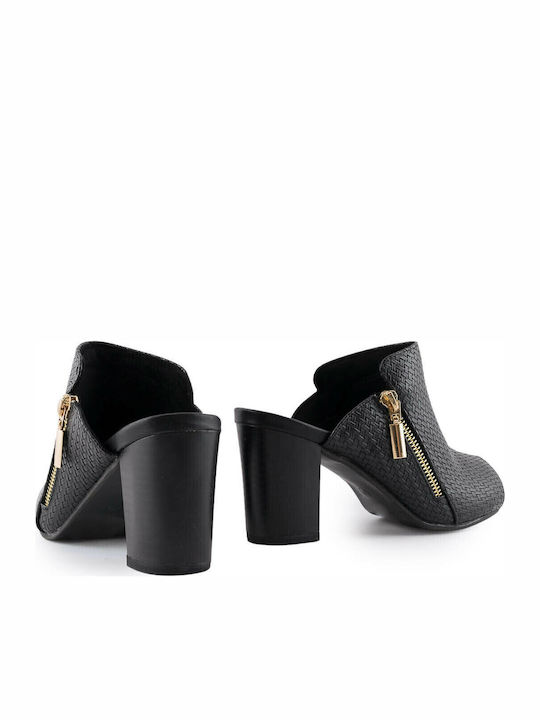 Leather Mules with Chunky High Heel in Black Color