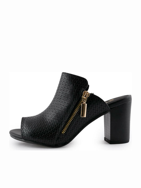 Leather Mules with Chunky High Heel in Black Color