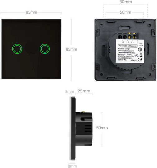 Maclean Energy Waterproof Recessed Touch Wall Switch Lighting Two-Way with Frame Black