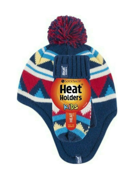 Heat Holders Kids Beanie Set with Gloves Knitted Blue