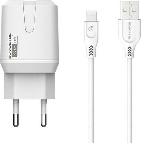 Somostel Φορτιστής με Θύρα USB-A και Καλώδιο Lightning 18W Quick Charge 3.0 Λευκός (SMS-Q02)