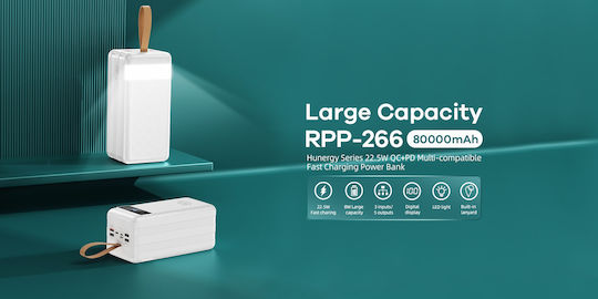 Remax RPP-266 Power Bank 80000mAh 22.5W με 4 Θύρες USB-A και Θύρα USB-C Power Delivery / Quick Charge 3.0 Λευκό