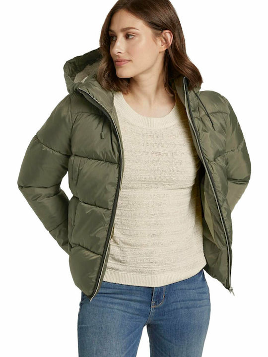 Women's Short Puffer Jacket for Winter with Hood Deep Olive Green