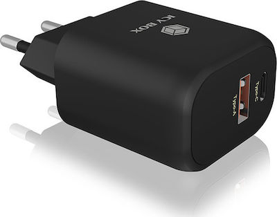 Icy Box Ladegerät ohne Kabel mit USB-A Anschluss und USB-C Anschluss 20W Schnellaufladung 3.0 Schwarzs (IB-PS101-PD)