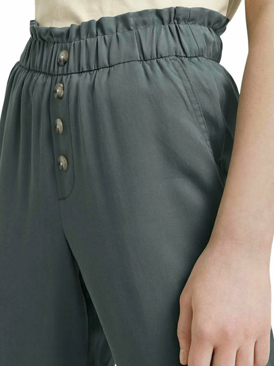Women's Fabric Capri Trousers with Elastic Relaxed Fit Dusty Pine Green