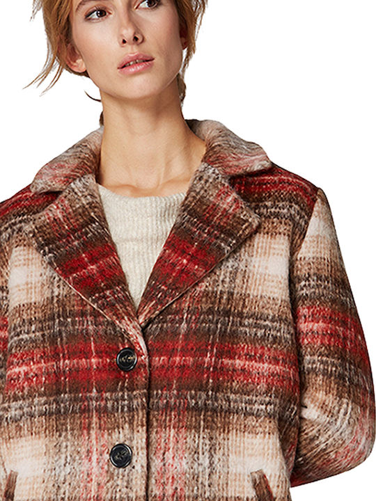 Women's Checked Brilliant Red Coat with Buttons