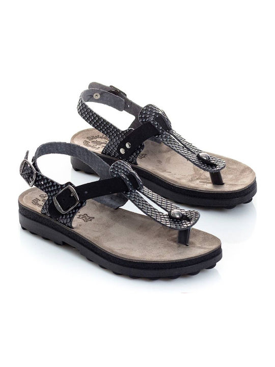 Marlena Leder Flache Sandalen für Damen Anatomisch Black Combra