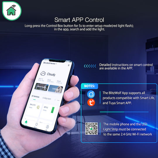 BlitzWolf Inteligent Bandă LED Wi-Fi 12V RGBW Lumină 5m cu Sursă de alimentare & Controler WiFi