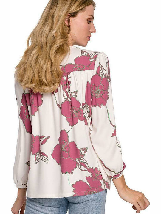 Makover K099 Damen Bluse Langärmelig Blumen Soft Beige