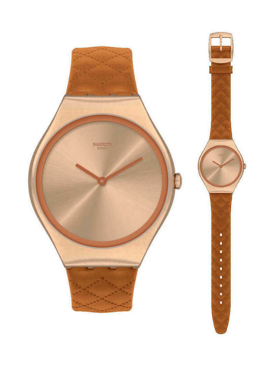 Swatch Quilted Watch with Brown Leather Strap