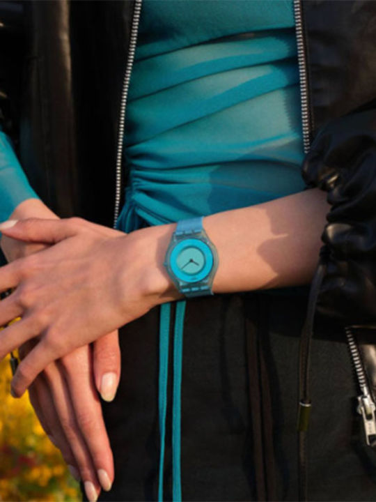 Swatch Sari Madras Γυναικείο Ρολόι 34mm Μπαταρίας με Μπλε Καουτσούκ Λουράκι