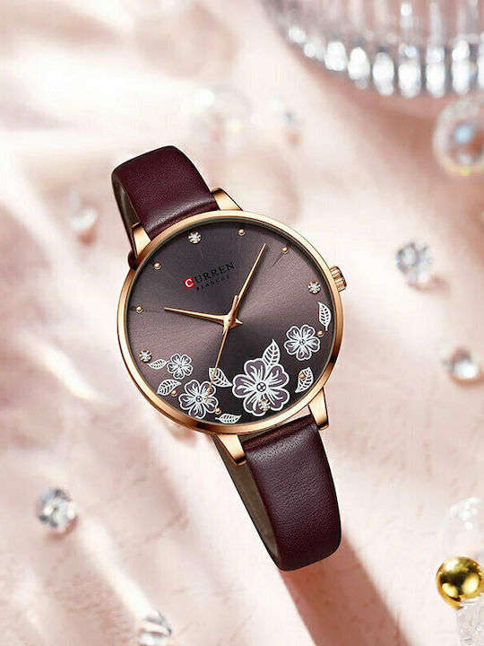 Curren Women's Watch with Burgundy Leather Strap