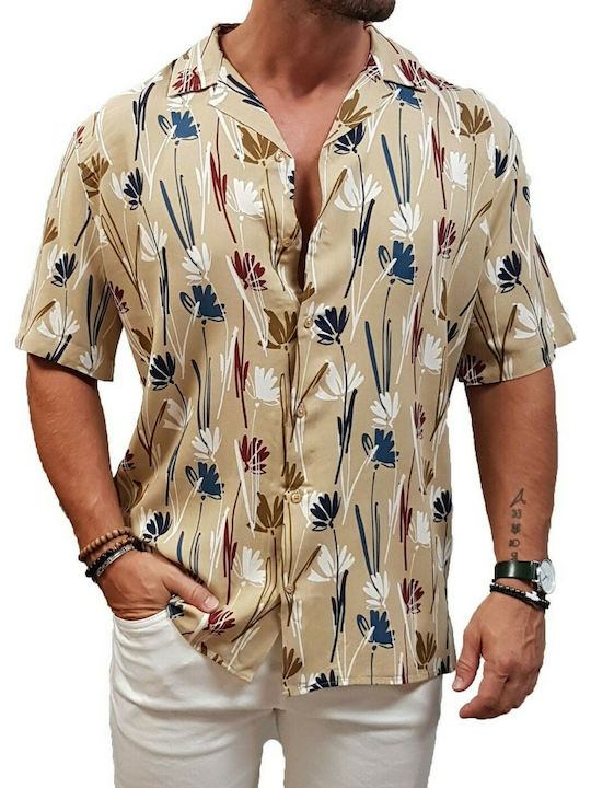 Vittorio Artist Men's Floral Shirt with Short Sleeves Regular Fit Beige