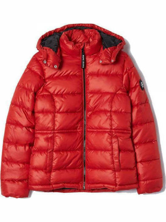Camille Women's Short Puffer Jacket for Winter with Hood Red