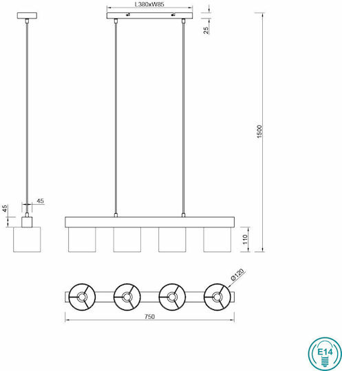 Trio Lighting Cameron Κρεμαστό Φωτιστικό Λευκό Ράγα για 4 Λαμπτήρες E14 75x150εκ.