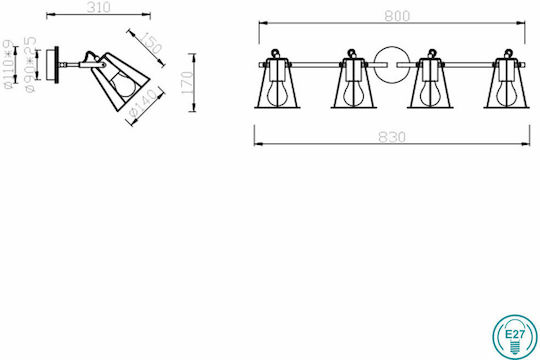Trio Lighting Jaipur Σποτ με 4 Φώτα και με Ντουί E27 σε Μαύρο Χρώμα