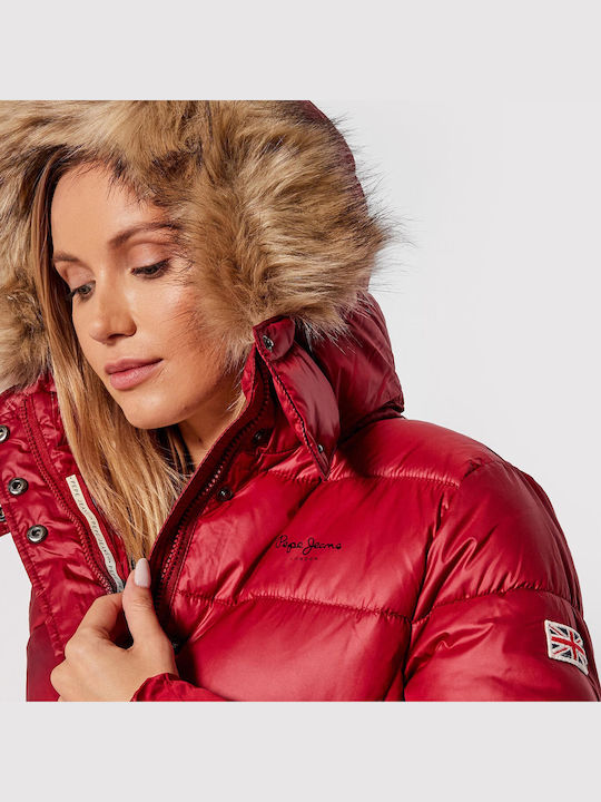 June Women's Short Puffer Jacket for Winter with Hood Red