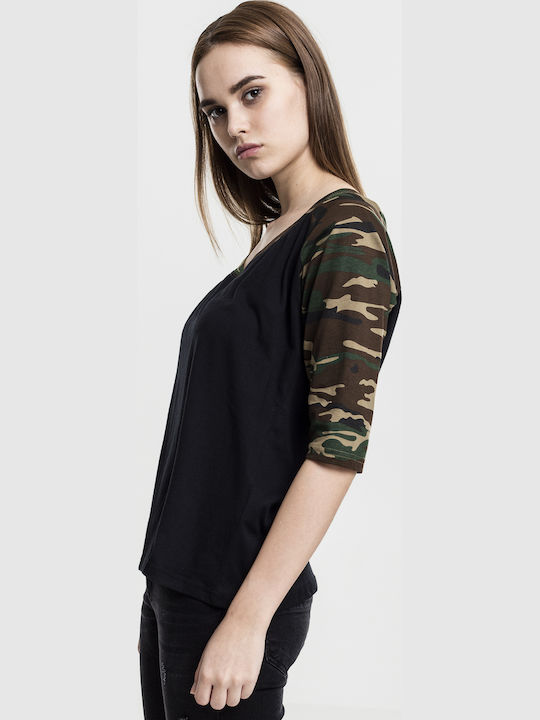 Γυναικεία Μπλούζα Βαμβακερή με Μανίκι 3/4 Black/Wood Camo