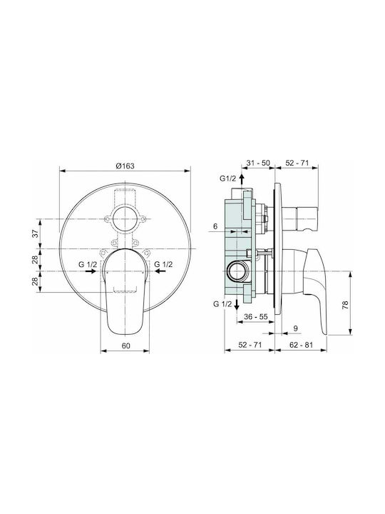 Ideal Standard Base Dolomite Μίκτης Μπαταρίας Εντοιχισμού Ντουζιέρας 2 Εξόδων Ασημί