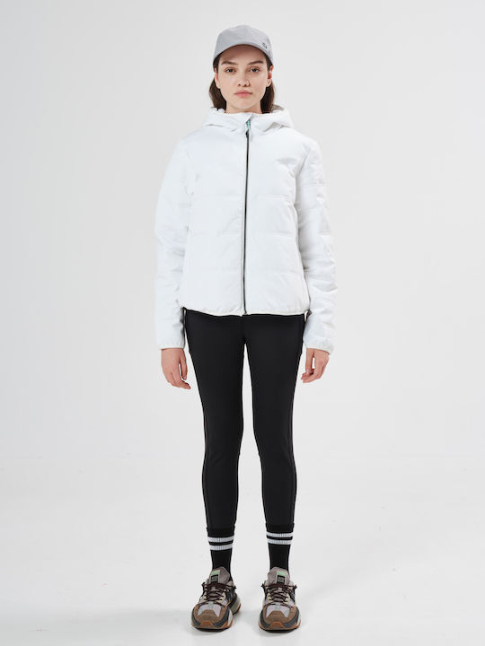Women's Short Puffer Jacket Waterproof and Windproof for Winter with Hood White