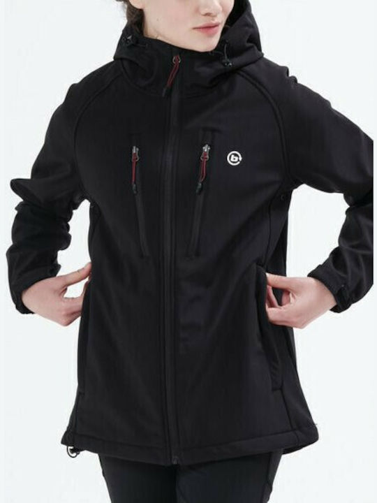 Women's Long Sports Softshell Jacket Waterproof and Windproof for Winter with Hood Black