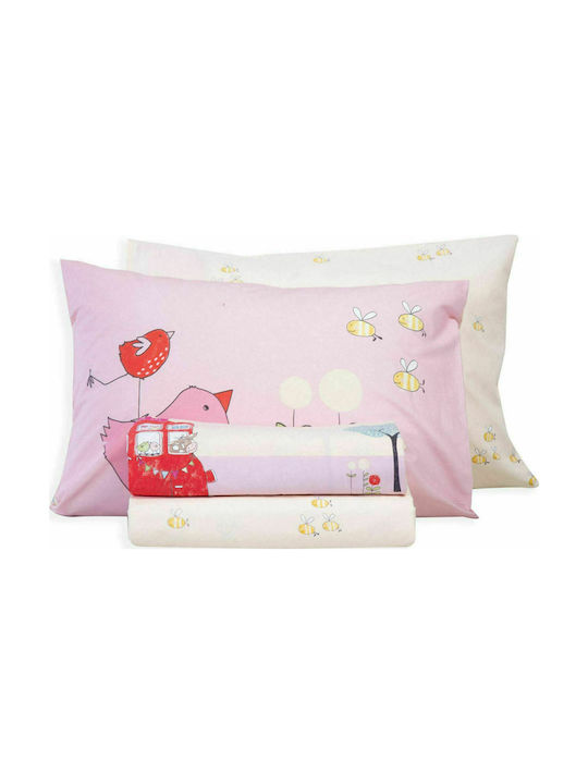 Nef-Nef Homeware Country Park Set Kids Duvet Cover Single with Pillowcase Cotton Pink Yellow 160x240cm