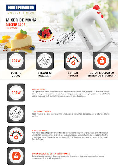 Heinner Mixer Manual 300W Alb