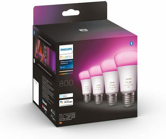 Philips Smart Λάμπες LED 6.5W για Ντουί E27 και Σχήμα A60 RGBW 806lm Dimmable 4τμχ