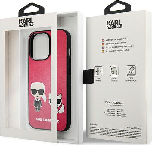 Karl Lagerfeld Ikonik Karl & Choupette Umschlag Rückseite Synthetisches Leder Fuchsie (iPhone 13 Pro)