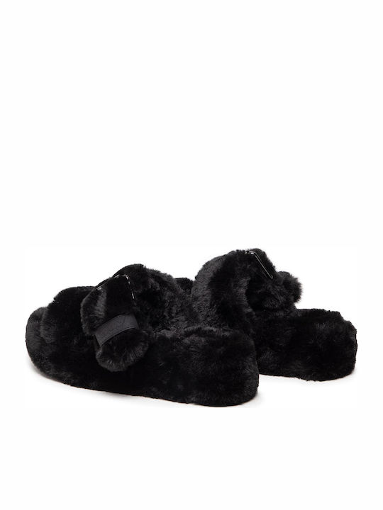 Cozy Wedge Damen Hausschuhe mit Offene Zehenpartie mit Pelz Schwarz