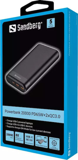 Sandberg 420-62 Power Bank 20000mAh 65W με 2 Θύρες USB-A και Θύρα USB-C Power Delivery / Quick Charge 3.0 Μαύρο