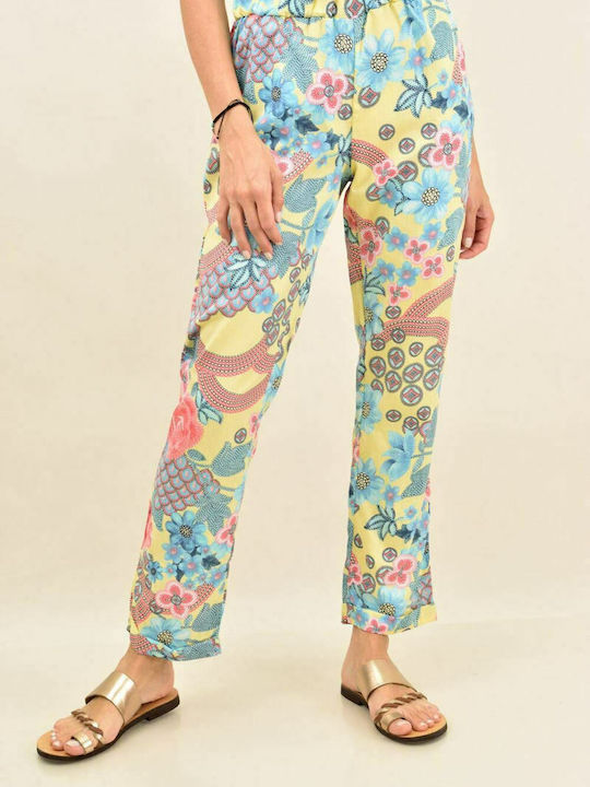 High rise pants with flowers Aqua 2042