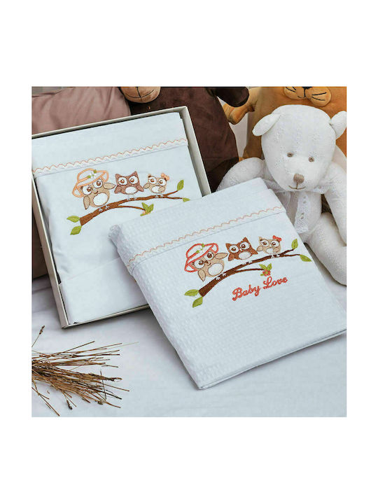 Cokitex Owl Apricot Baby Sheets Set Crib Cotton White 120x160cm 3pcs