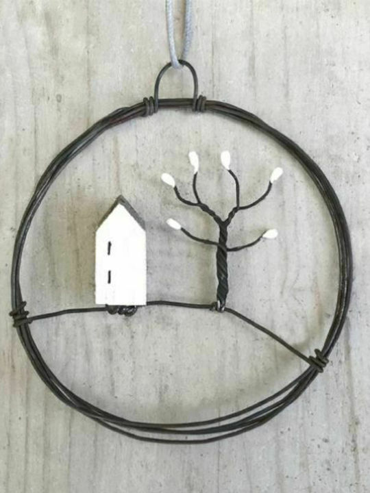 Synchronia Christmas Wooden Decorative Στεφάνι 7.5cm με Μικρό Σπίτι και Δέντρο