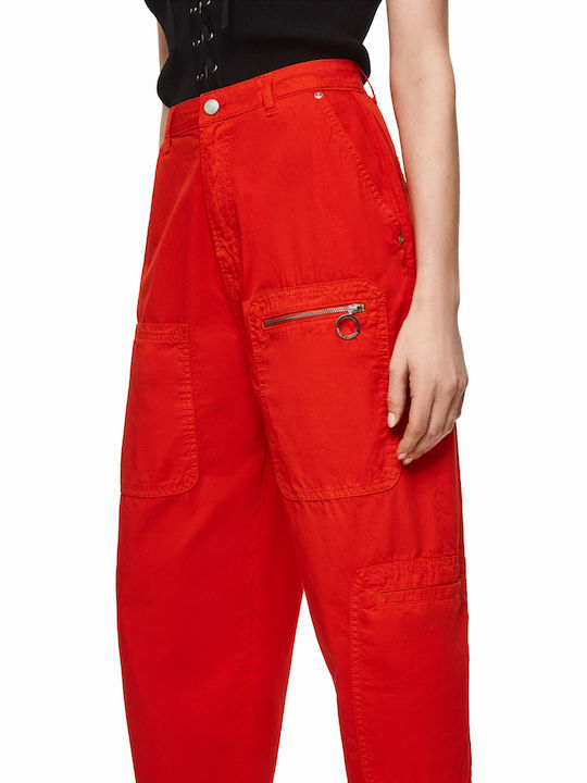 Pepe Jeans Dua Lipa Avryl Women's High Waist Fabric Trousers in Balloon Line Bright Orange