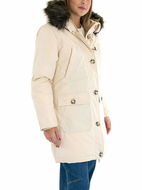 Rookie Down Lang Damen Parka Jacke mit pelziger Kapuze für Winter Beige
