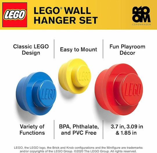 LEGO Lego Wall Bracket Παιδική Κρεμάστρα Πολλαπλών Θέσεων Πλαστική Red/Yellow/Blue 3τμχ