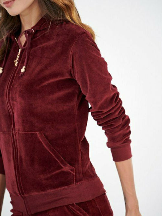 Women's Sweatshirt Jacket Velvet Hooded Burgundy