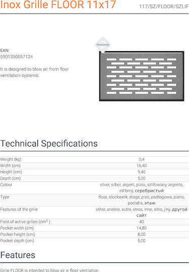 Kratki Rectangular Fireplace Air Shutter Inox 17x11cm