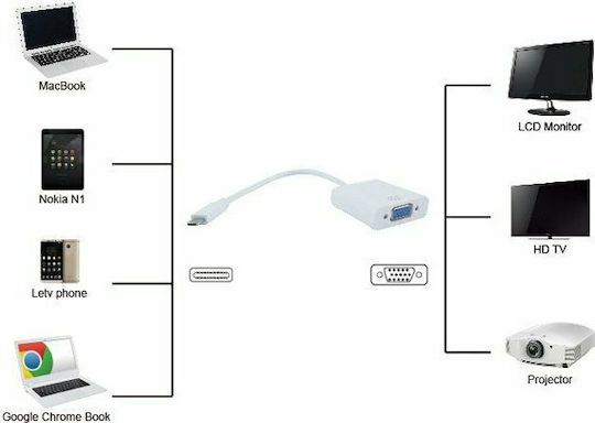 Powertech Μετατροπέας USB-C male σε VGA female White Λευκό 1τμχ PTH-034