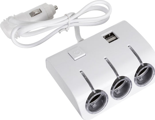 GloboStar Car Charger 60W 3.1A with Ports: 2xUSB 3xLighter with Cable Embedded White Color