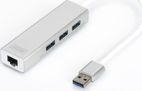 Digitus USB 3.0 Hub 3 Porturi cu conexiune USB-A / Ethernet Argintiu